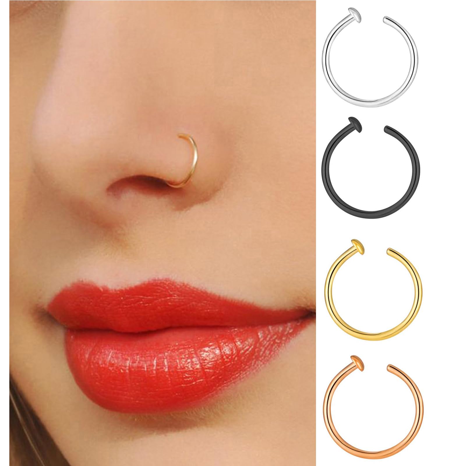 14k Gold Plated Thin Nose Ring Hoop Set for Women, 8mm Fake Nose Hoop Rings Adjustable Nostril Piercing Jewelry - Image 4