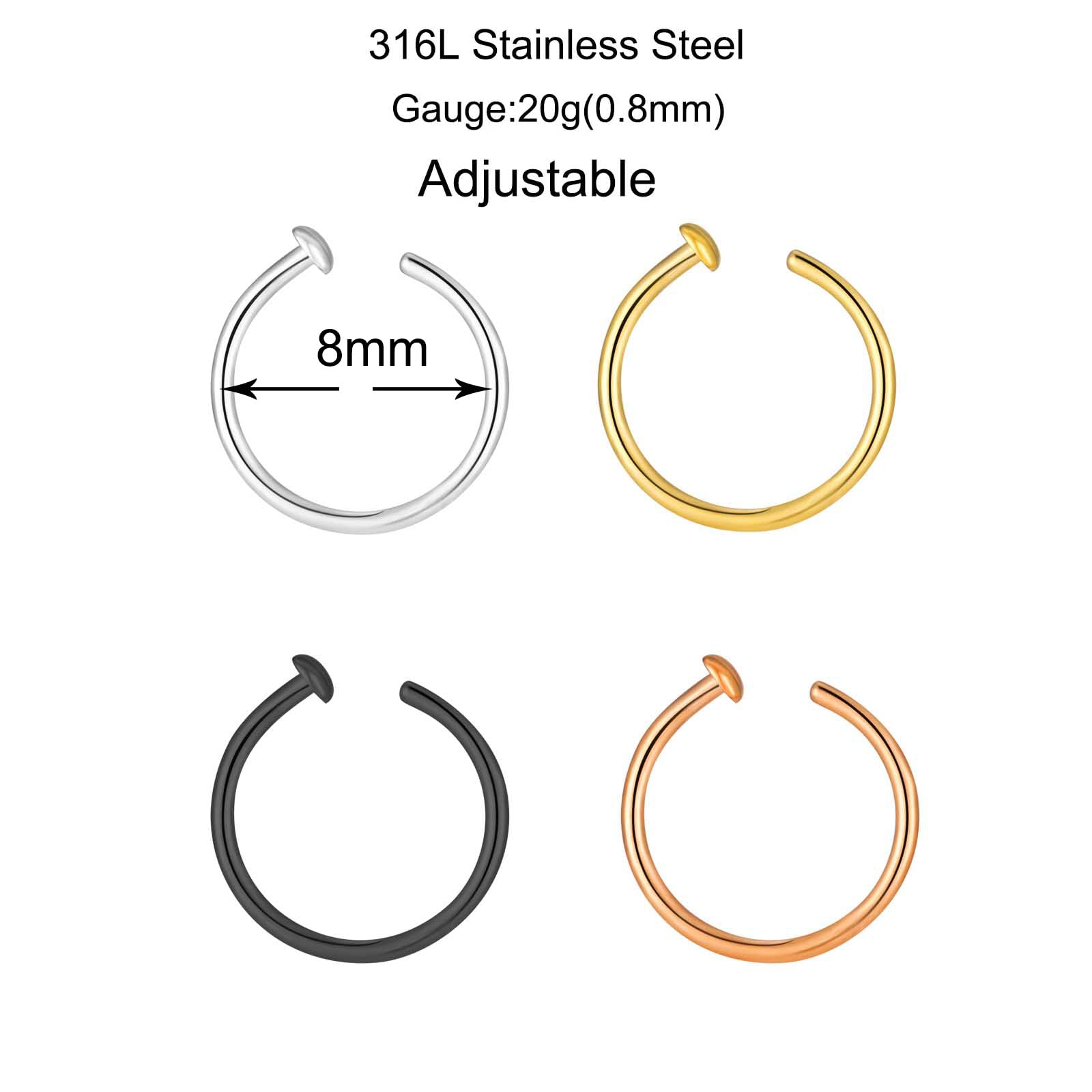 14k Gold Plated Thin Nose Ring Hoop Set for Women, 8mm Fake Nose Hoop Rings Adjustable Nostril Piercing Jewelry - Image 3